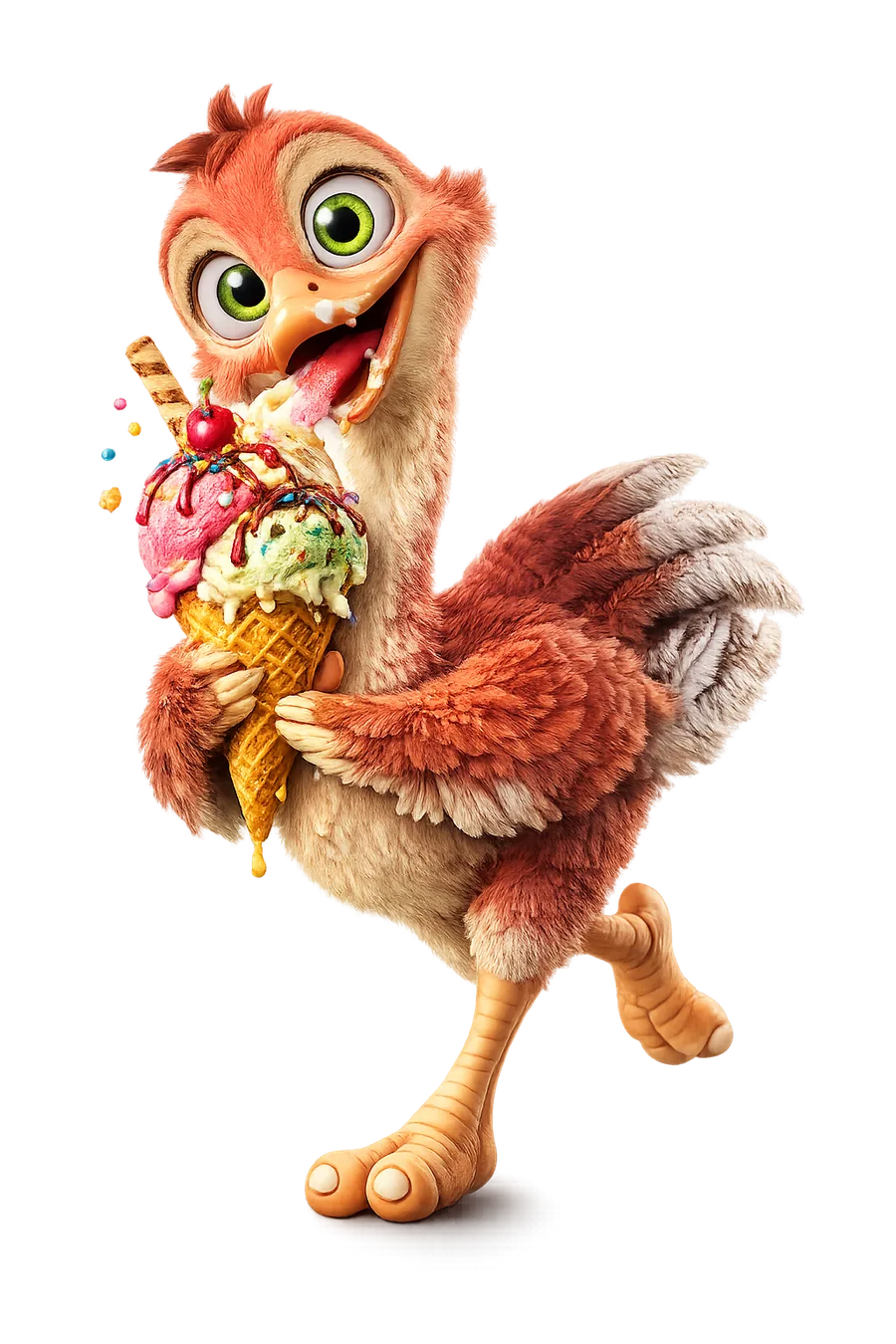 Kurulla the bird mascot dashing off with a quick takeaway ice cream cone