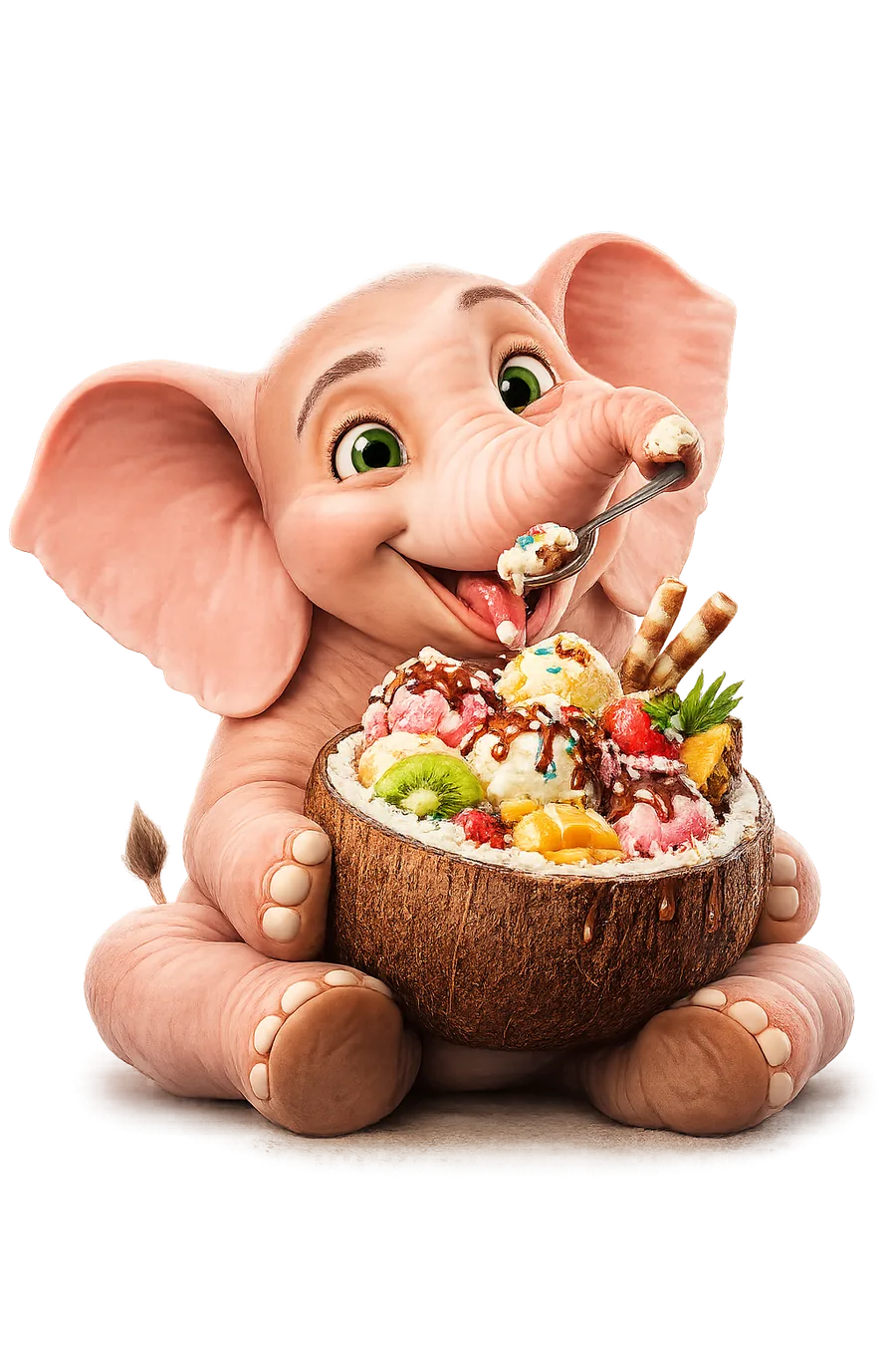 Nangi the elephant mascot with a coconut-shell tropical ice cream bowl