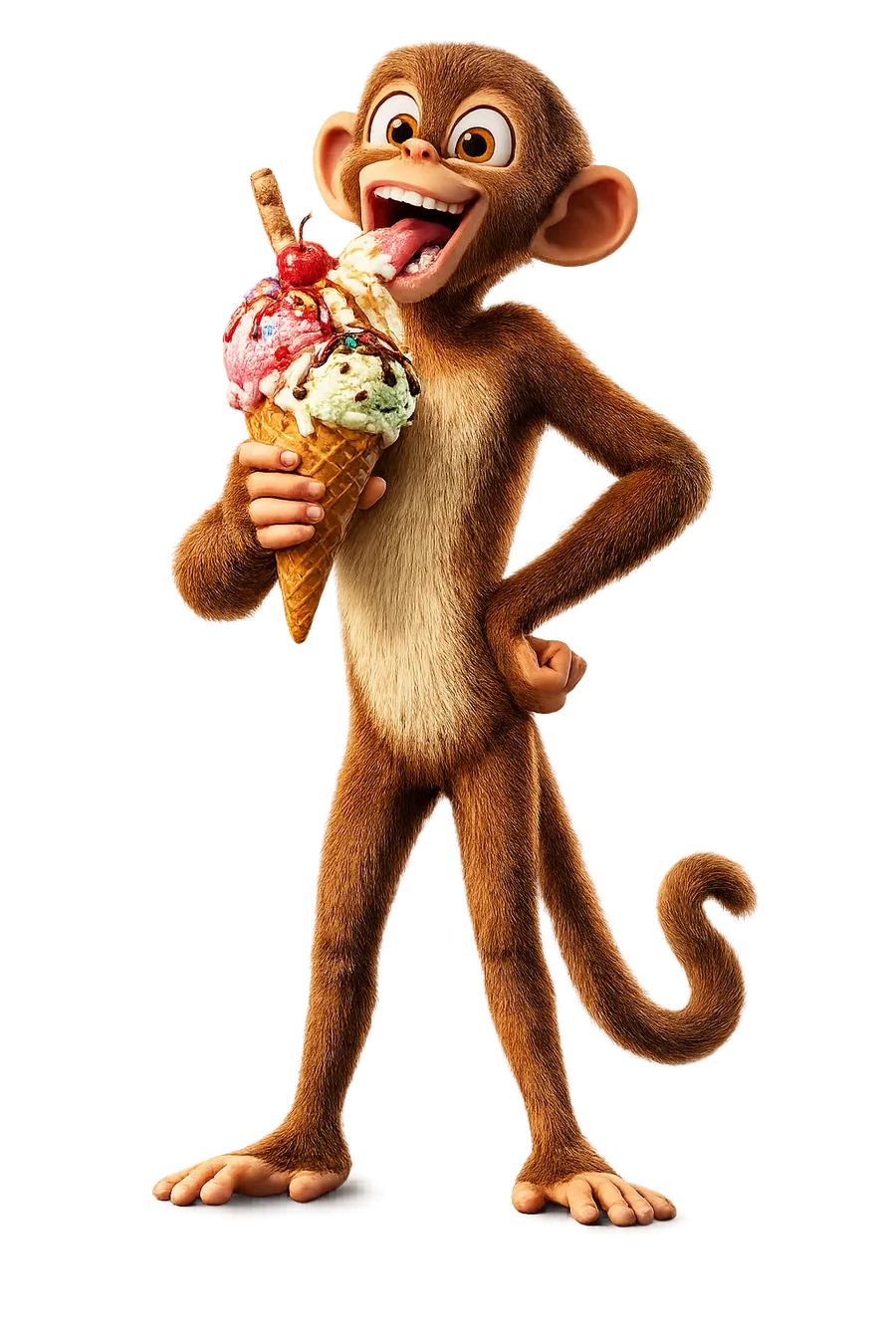 Jungle Bliss monkey mascot enjoying a triple-scoop ice cream cone